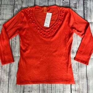 FINITY 101 Beaded 3/4 Sleeve V Neck Sweater Red/Orange Cotton Blend Size M NWT